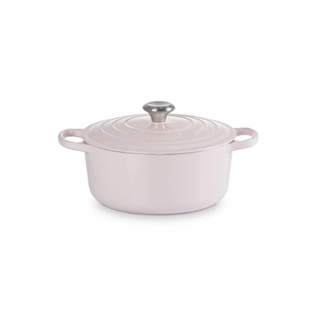 A covered casserole pot with side handles and a metal knob on the lid
