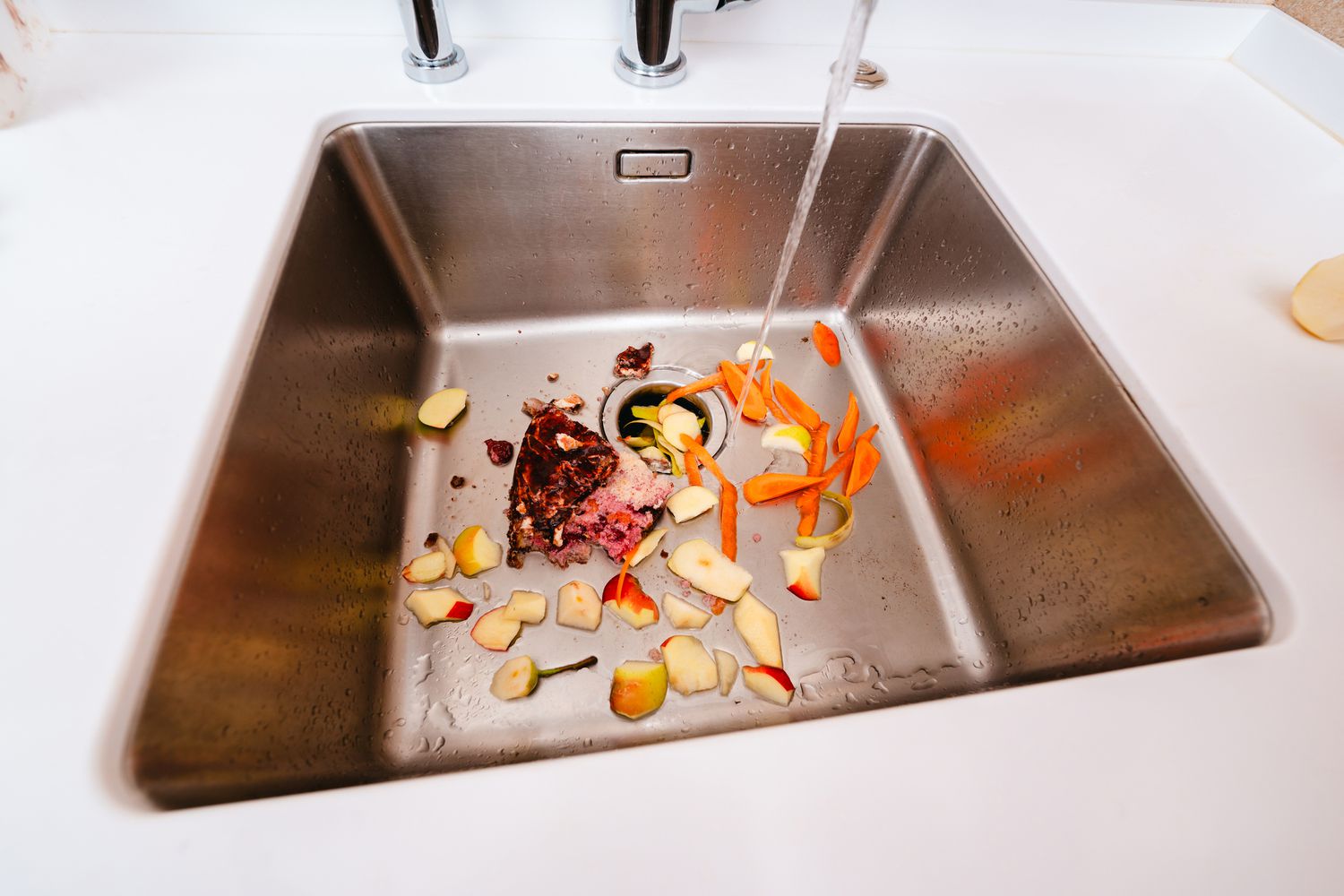 Food waste and vegetable scraps in a kitchen sink garbage disposal