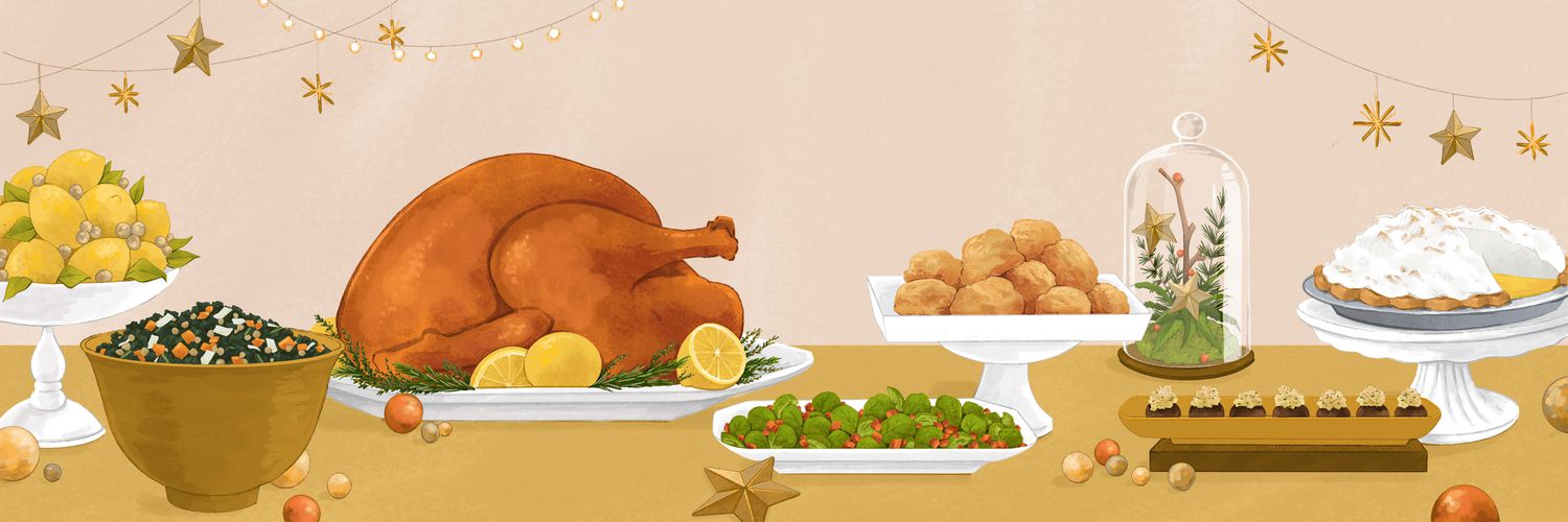 Illustration of holiday table with food and decorations