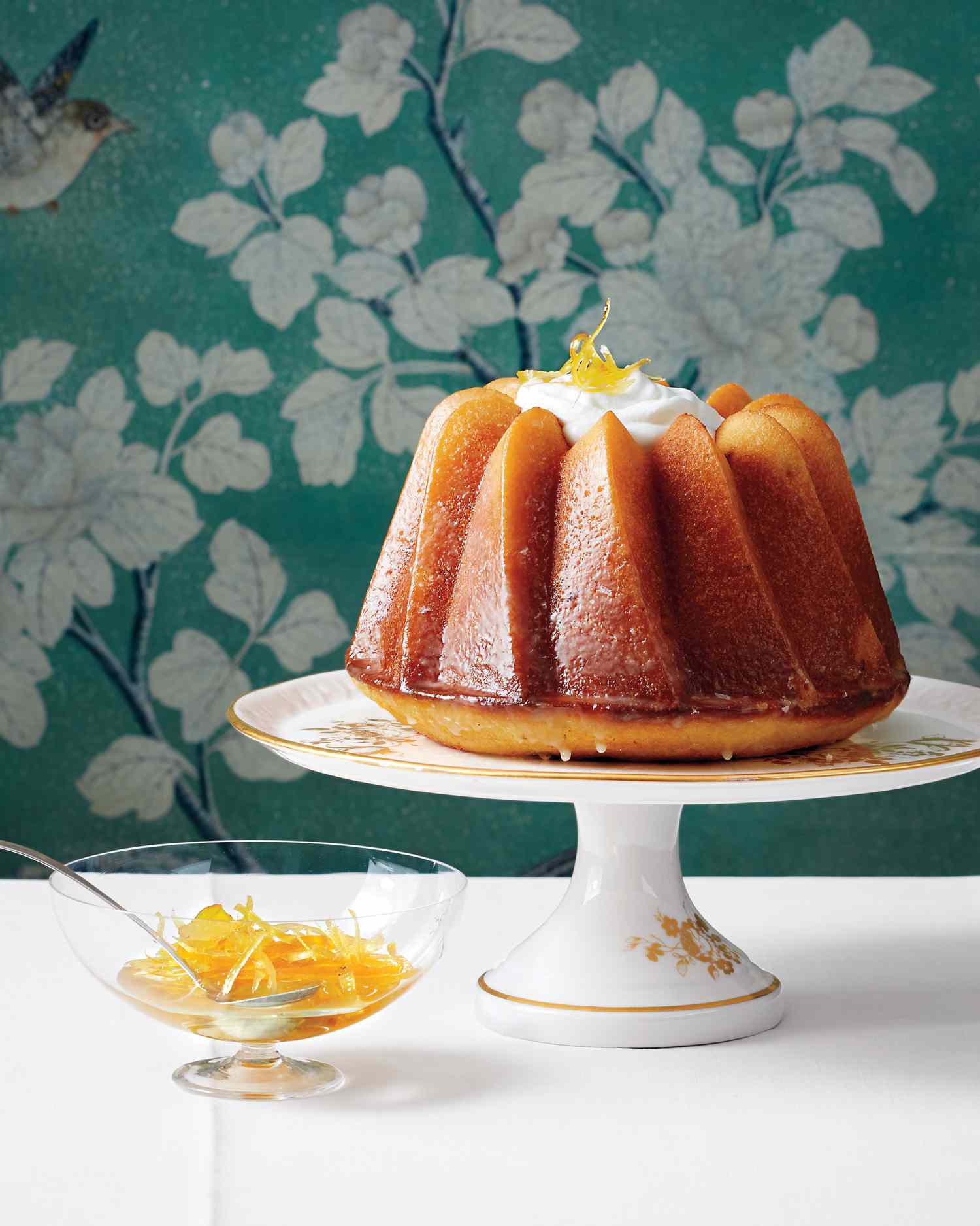 citrus bundt cake on cake stand