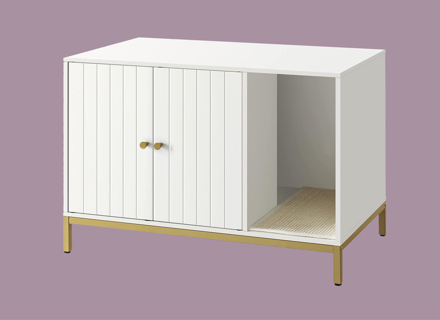 modern white and gold litter box enclosure on purple background