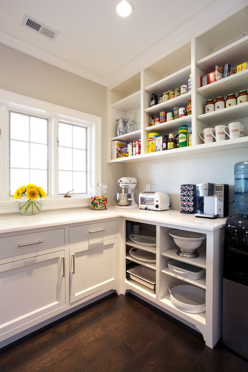 pantry organization white kitchen with open shelving