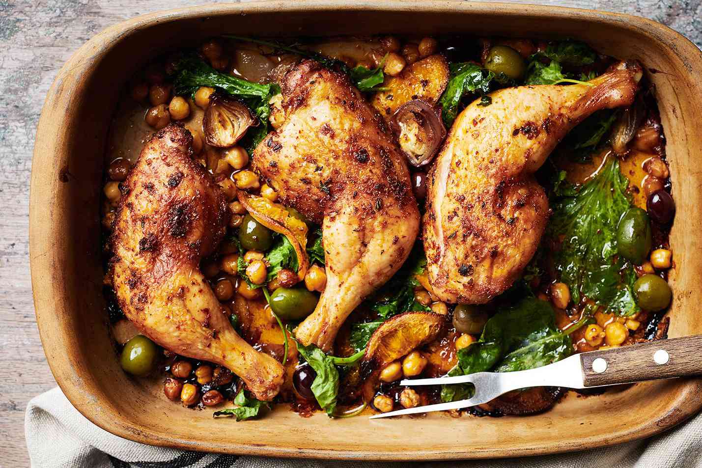 Baked Chicken Legs with Chickpeas and Olives