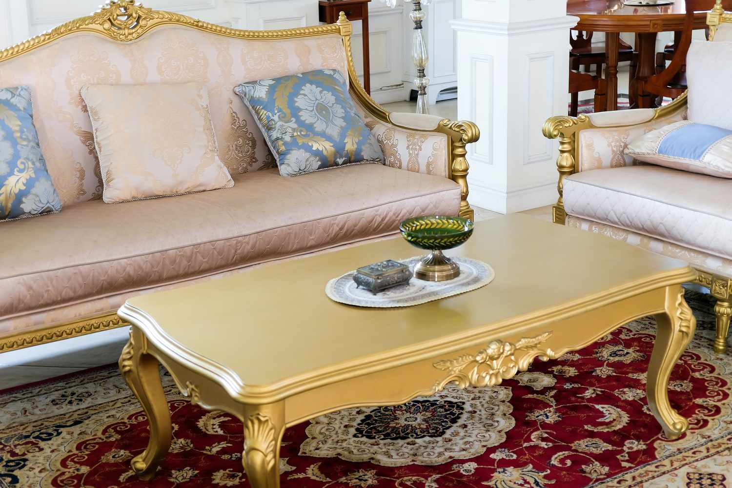 Detail image of Pillows on an antique luxury sofa, interior design and decoration