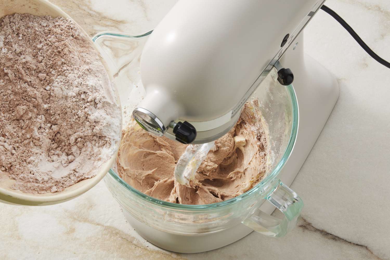 Sugar cocoa in butter mixture in stand mixer