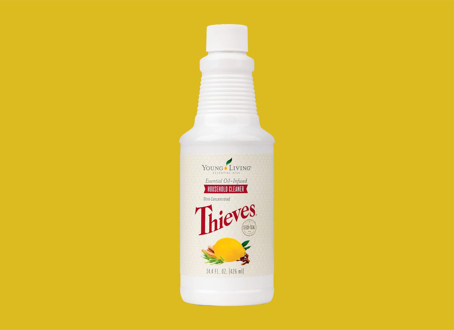  Thieves Household Cleaner on a bright yellow background