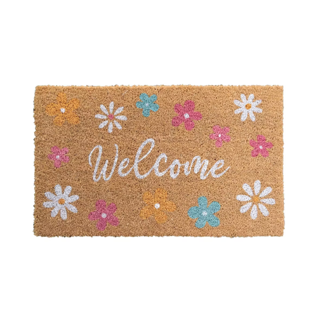 Doormat with the text Welcome surrounded by floral patterns