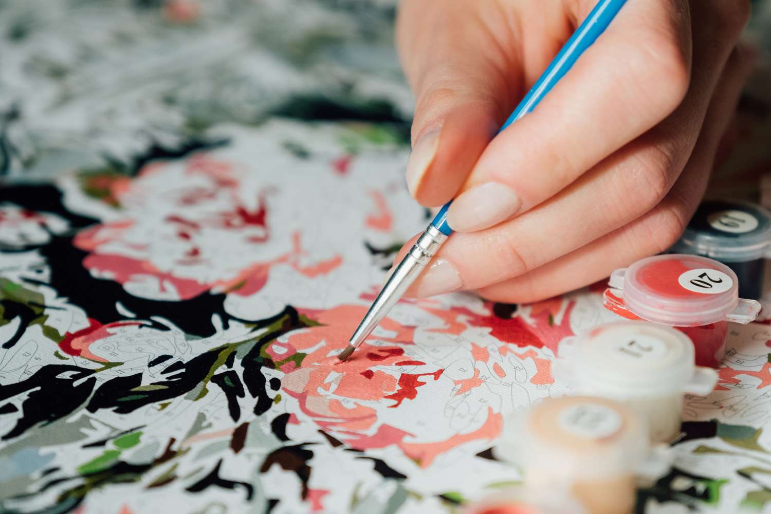 Female hand coloring paint by numbers picture