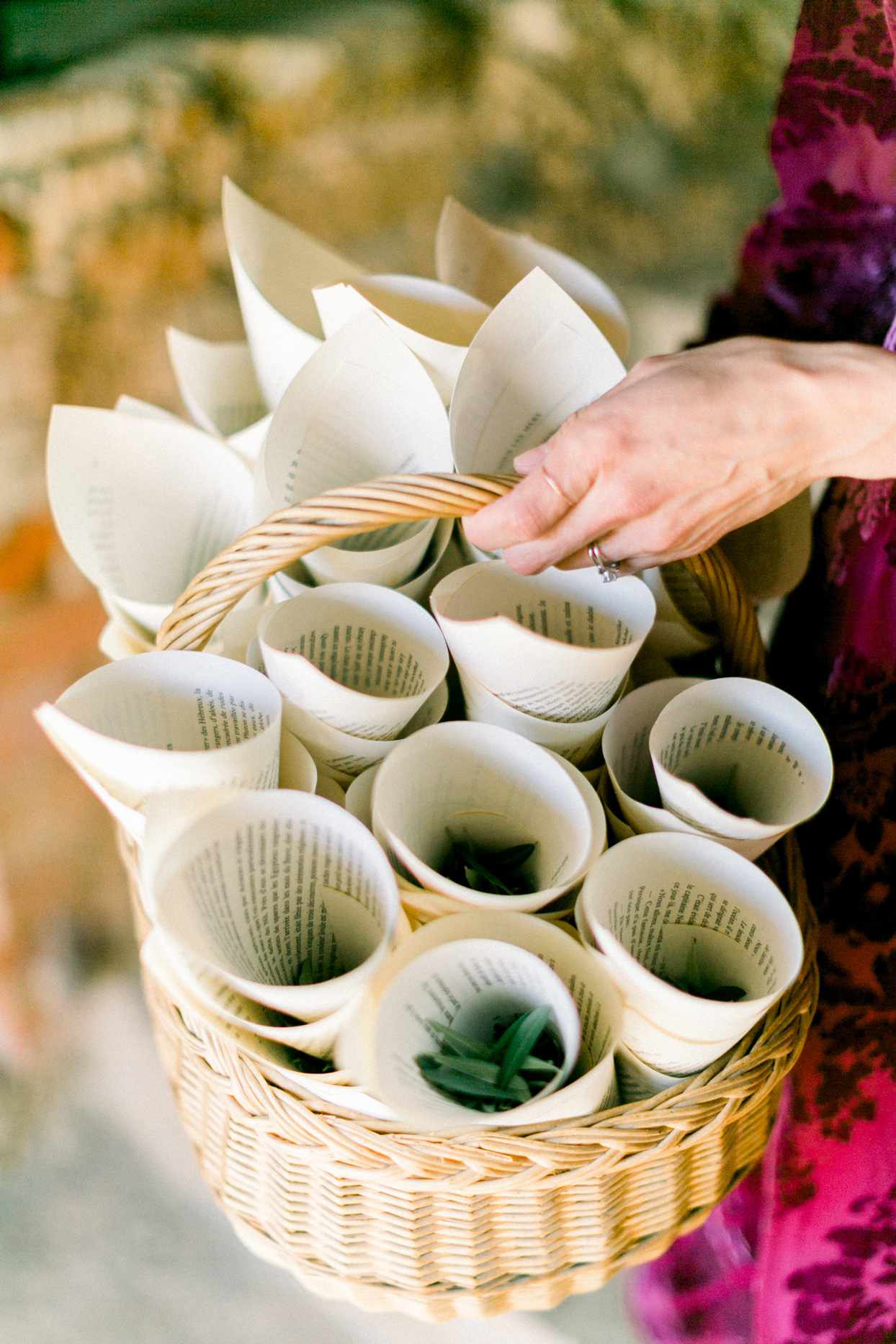 basket of paper cones containing olive leaves