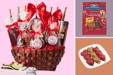 A gift basket with chocolate treats a Ghirardelli chocolate package and a plate of cookies