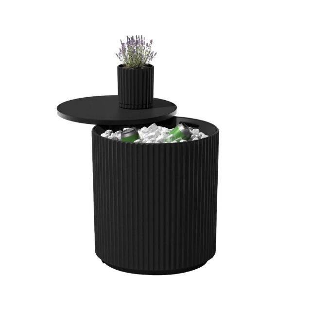 A round container with a lid that doubles as a table featuring an integrated plant holder and ice compartment
