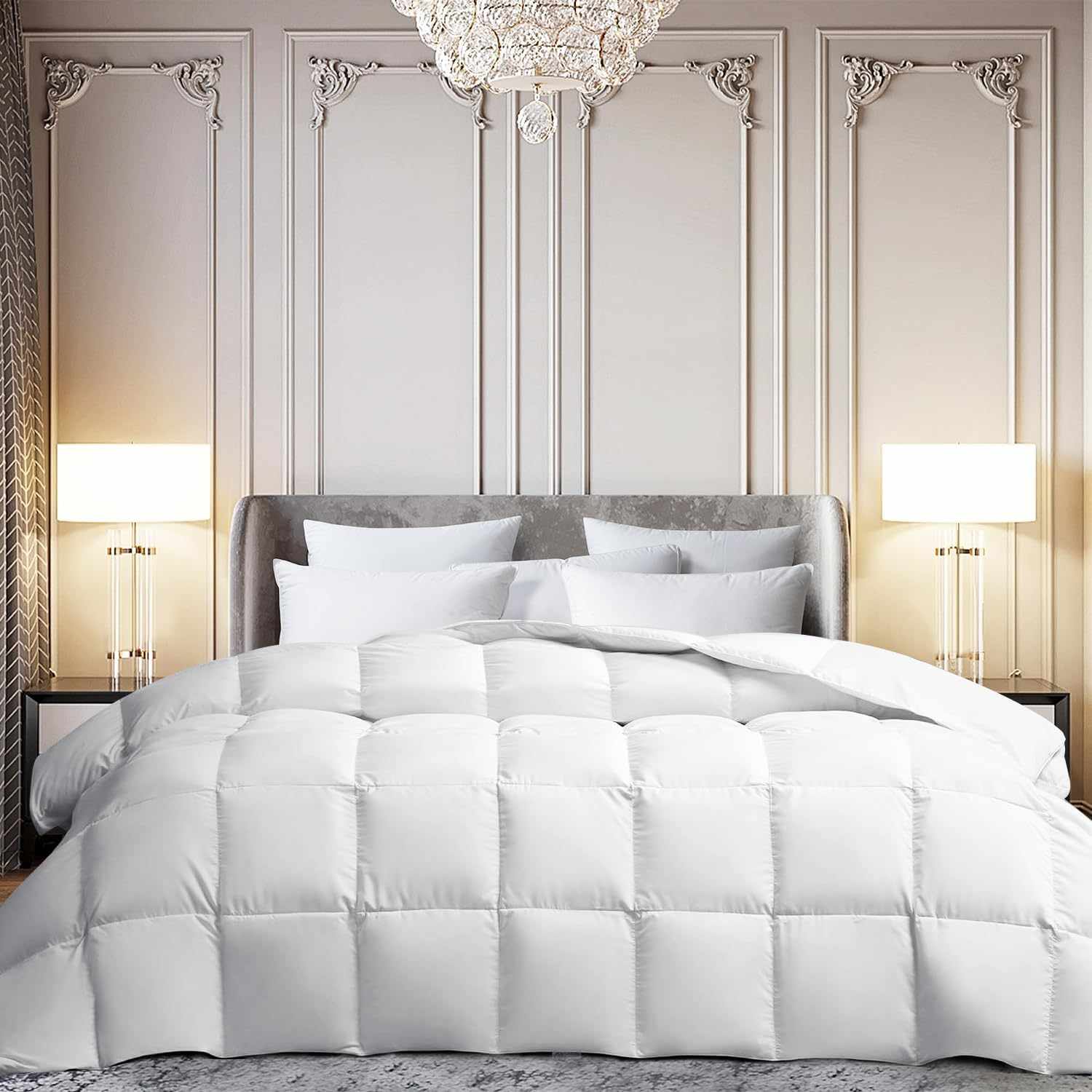 Luxurious bedroom setup with a tufted bed and large comforter framed panel walls and bedside table lamps