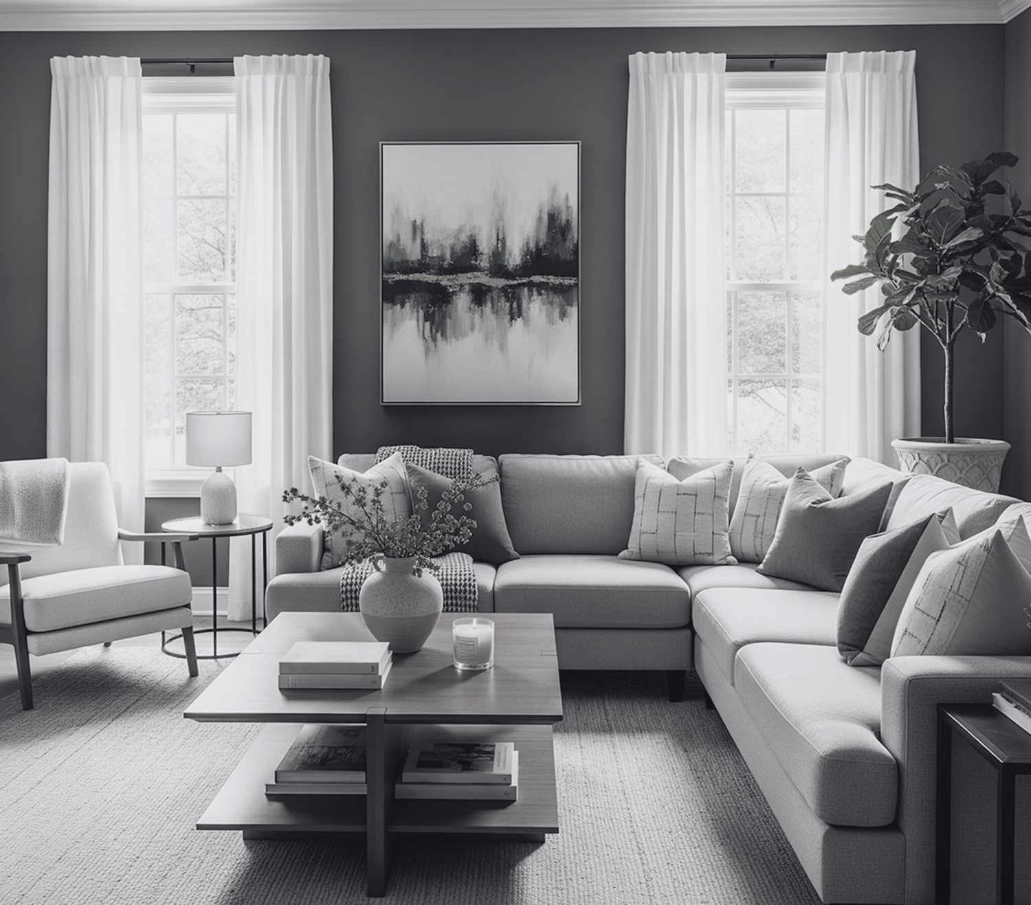 Minimalist transitional living room sectional sofa coffee table with decor artwork on wall