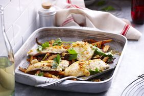 baked fish in dish on kitchen counter