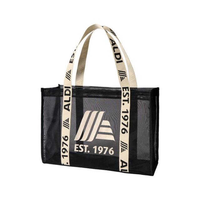 A branded tote bag featuring ALDIs logo and establishment year design