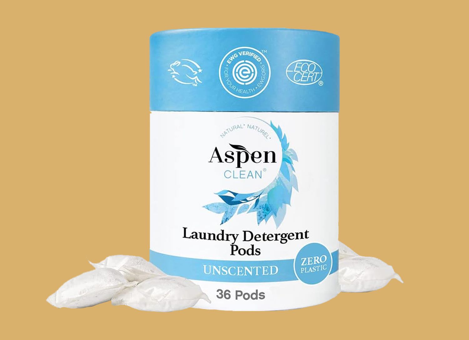 Aspen laundry detergent package on a yellow background