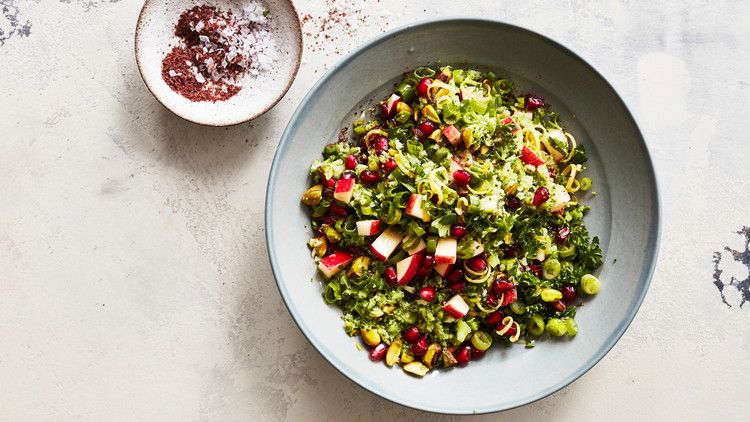broccoli herb and pistachio grain salad with pomegranate