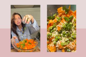 A woman holding a bowl with carrot salad, a close-up of the salad on the right