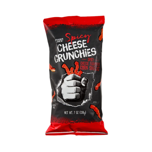 Bag of spicy cheese crunchies a snack product with a bold red and black packaging