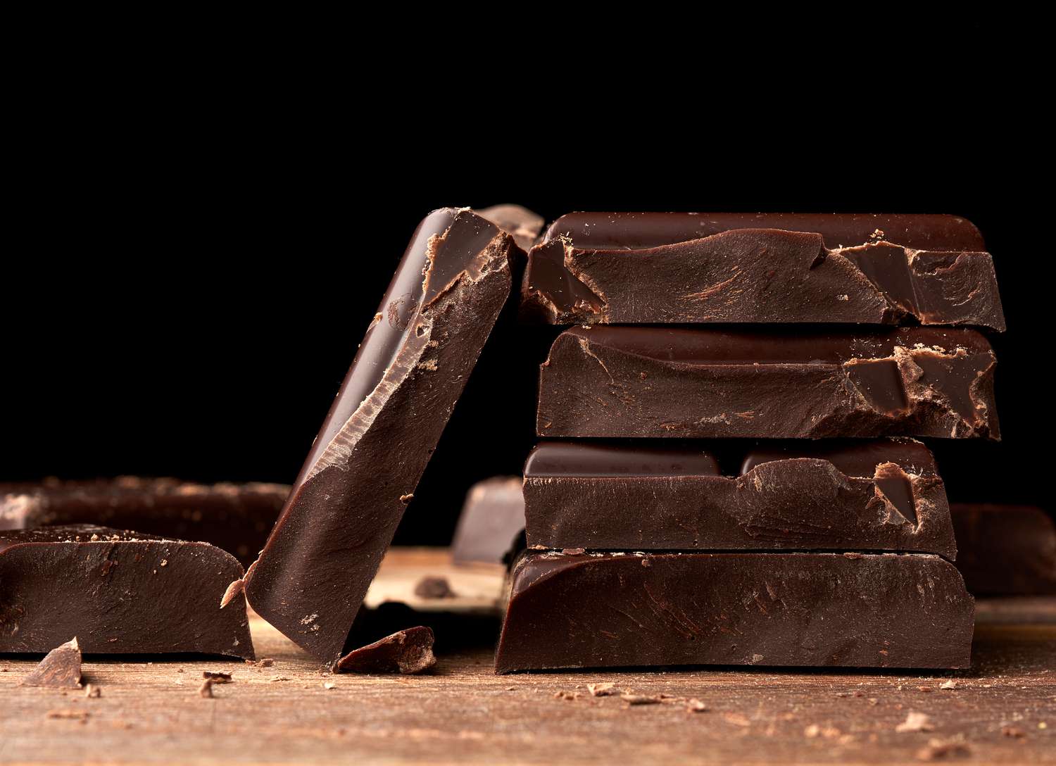 broken dark chocolate on a wooden table