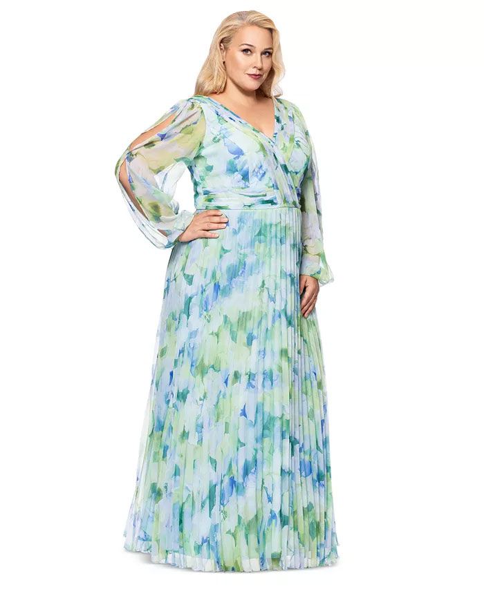 Betsy & Adam Plus Size Floral Pleated Split-Sleeve Gown