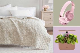Collage with a bed setup headphones and a small indoor garden