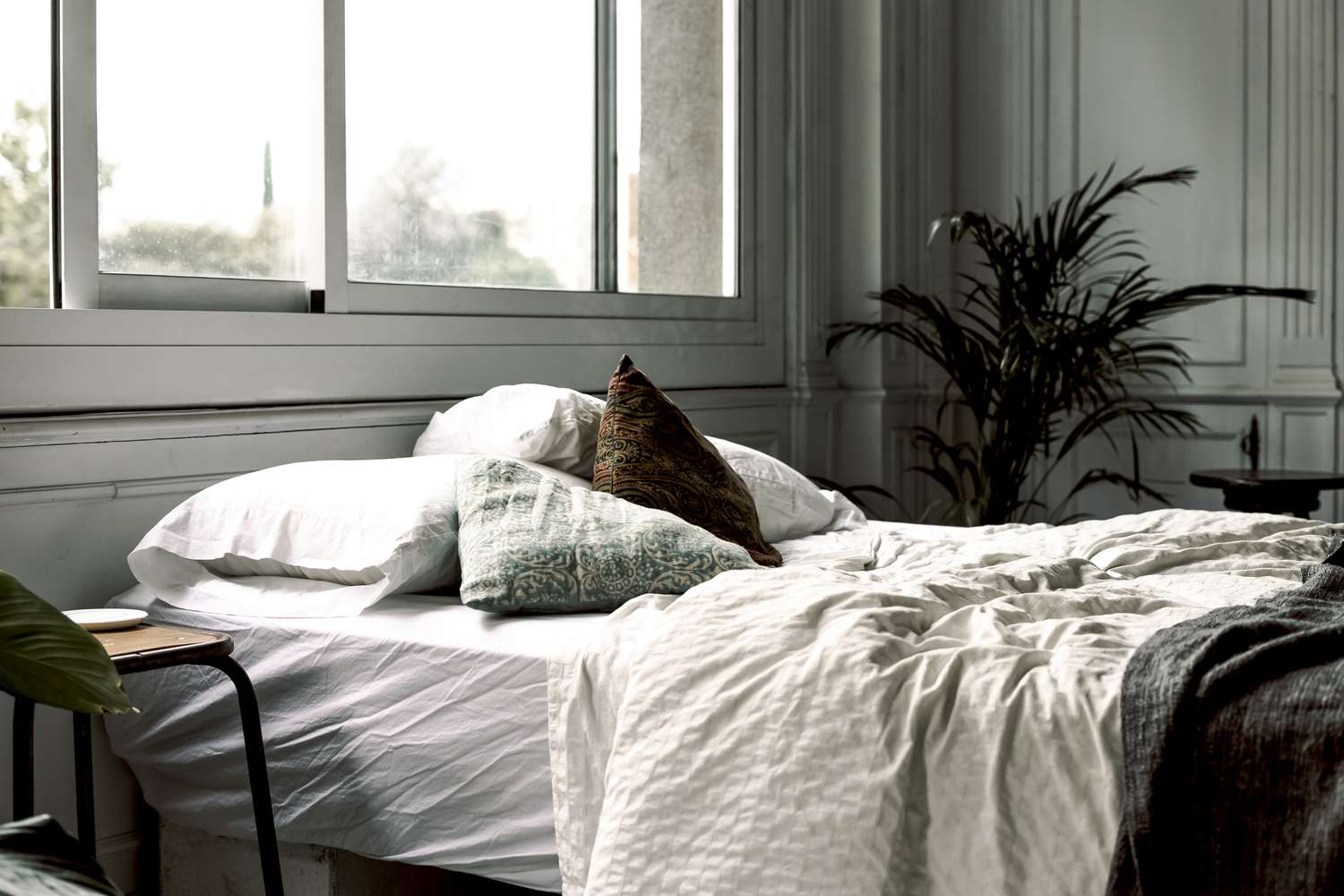 A bed near a window with pillows and a blanket modern interior and a plant in the background