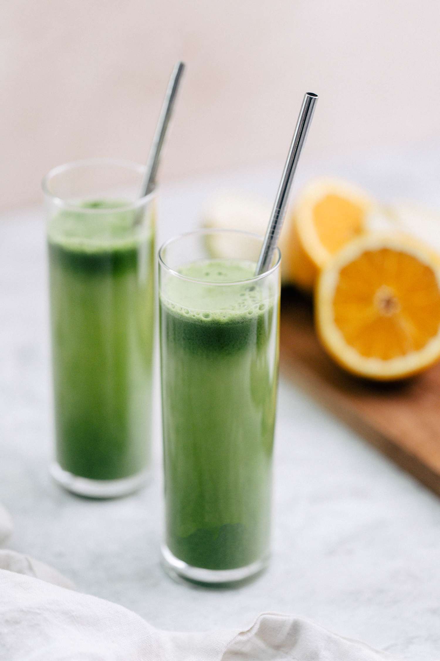 Martha's favorite green juice in tall glasses