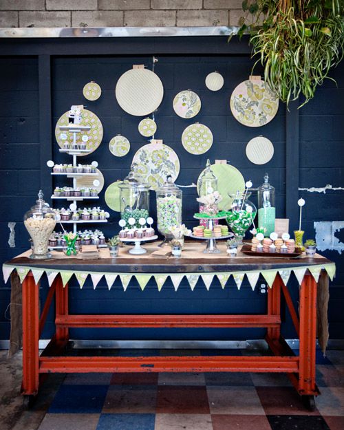 Wedding dessert table with bunting.