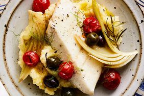 Oil-Poached Halibut with Fennel, Tomatoes, and Olives with mashed potatoes