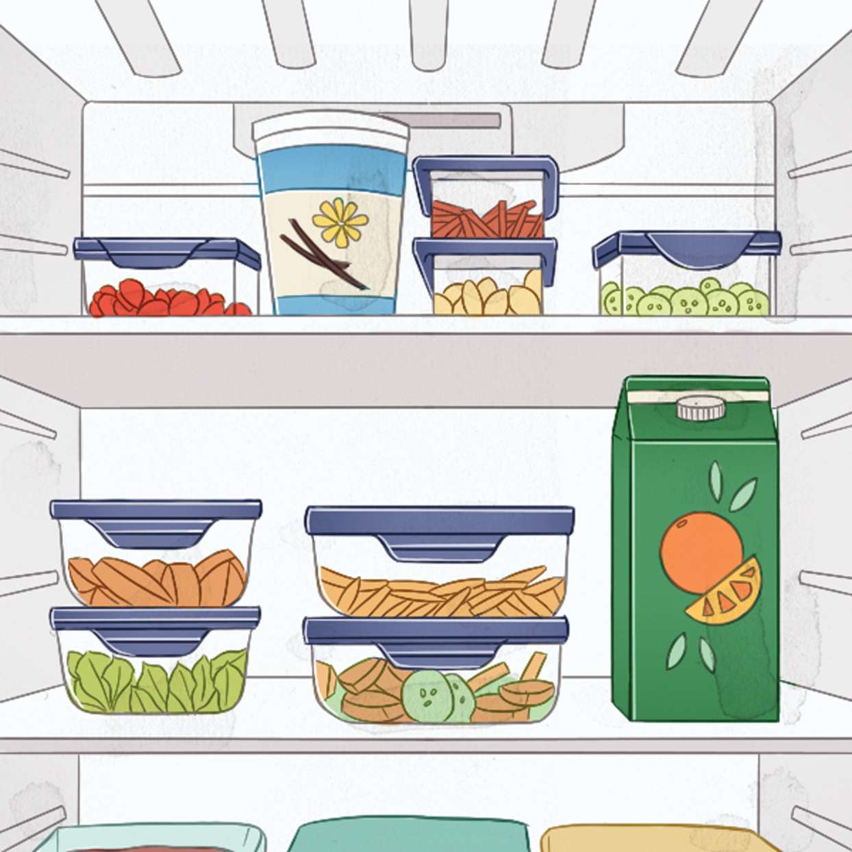 refrigerator filled with food containers illustration