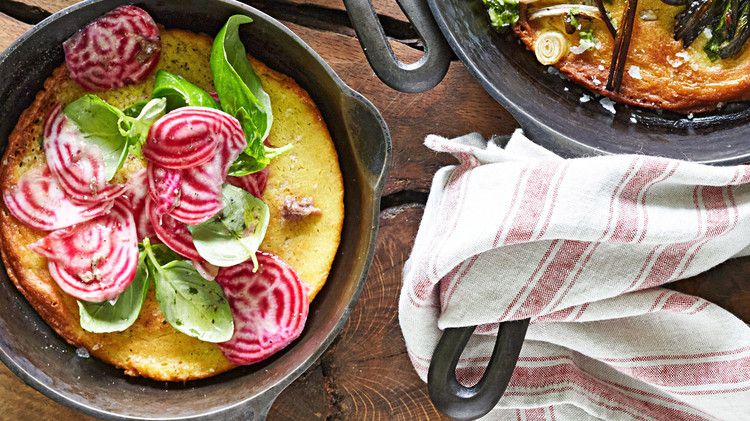 beet farinata in skillet