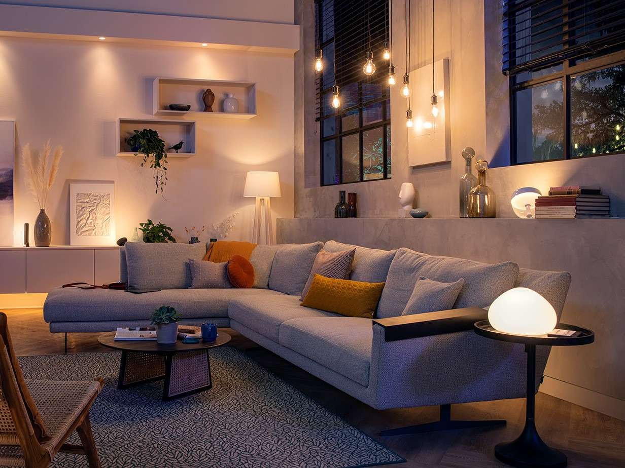 a living room with moody lighting