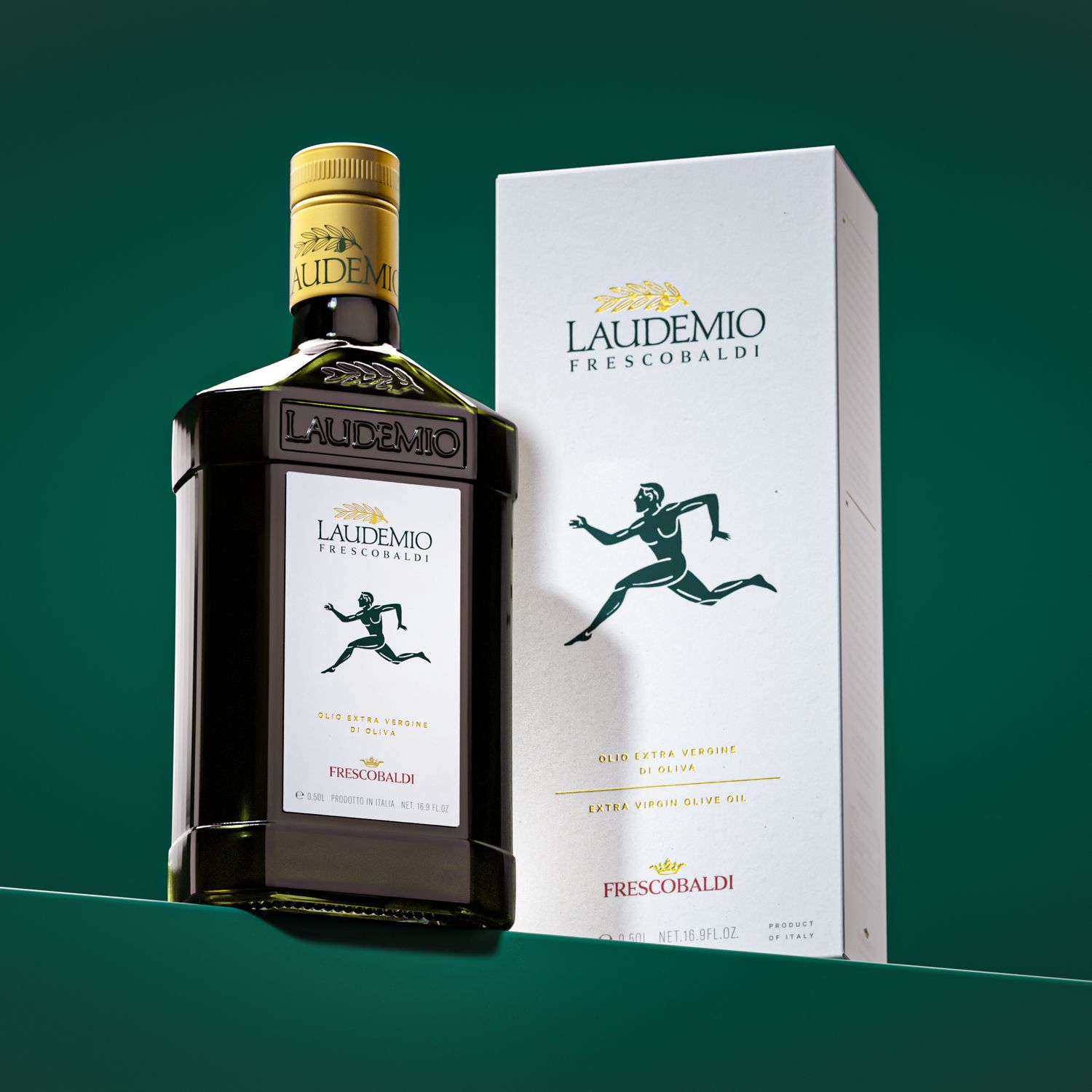 Laudemio olive oil on a green background