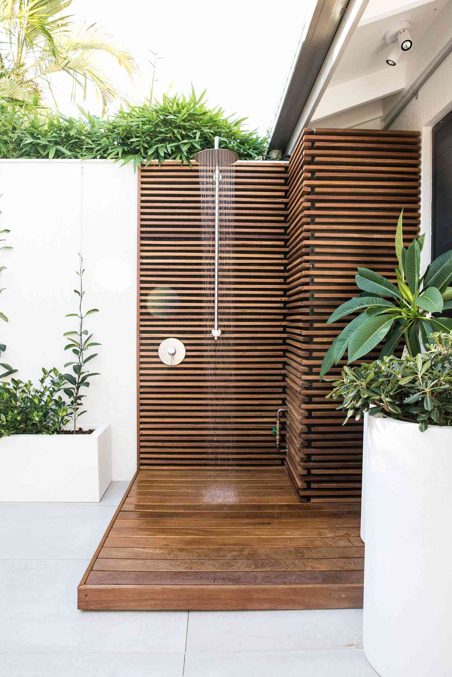 Outdoor shower with wood slats