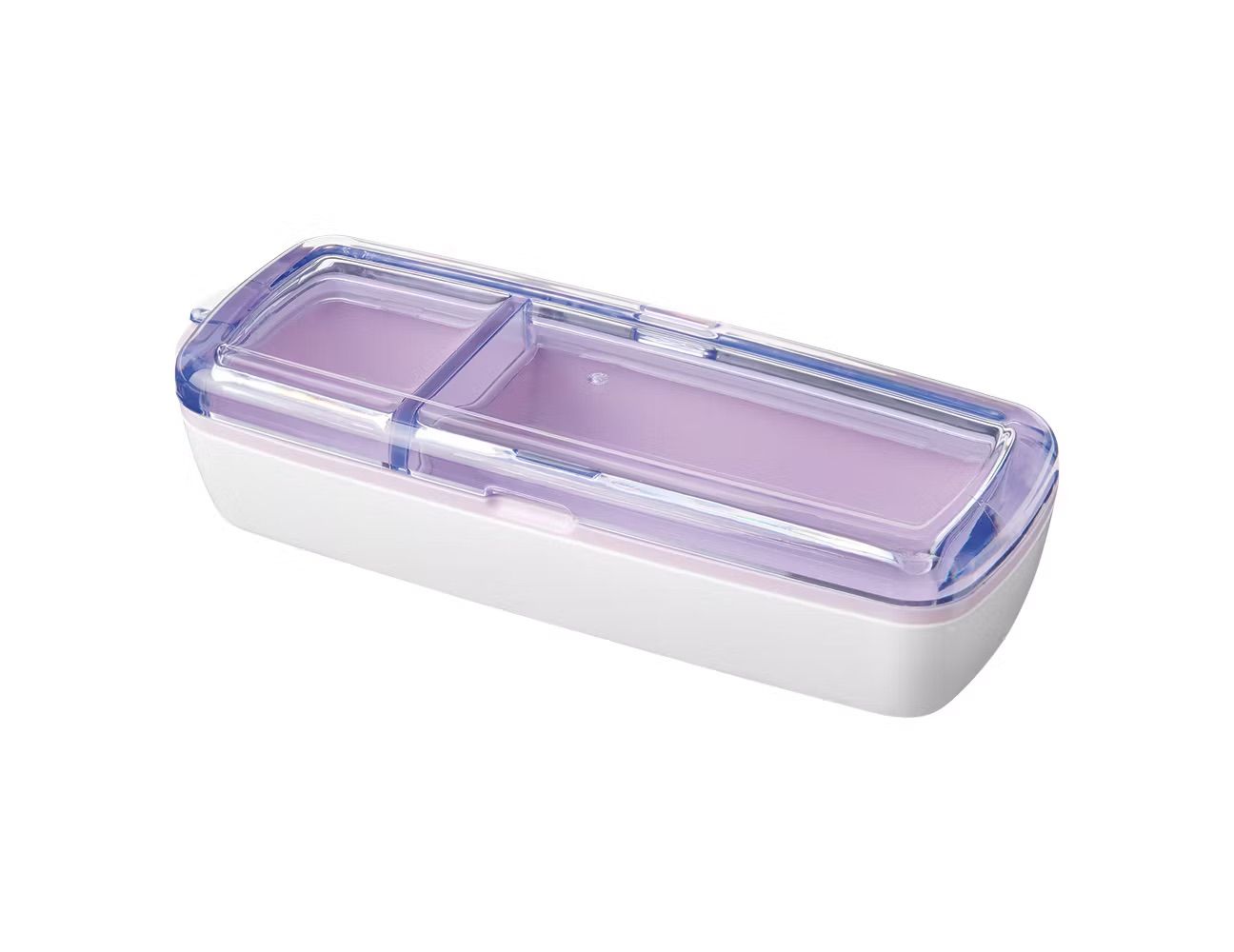 A plastic snack container with two compartments and a transparent lid