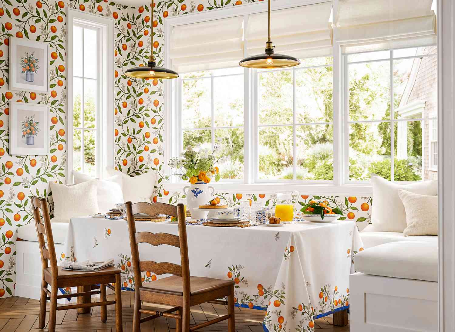 room with orange pattern wallpaper