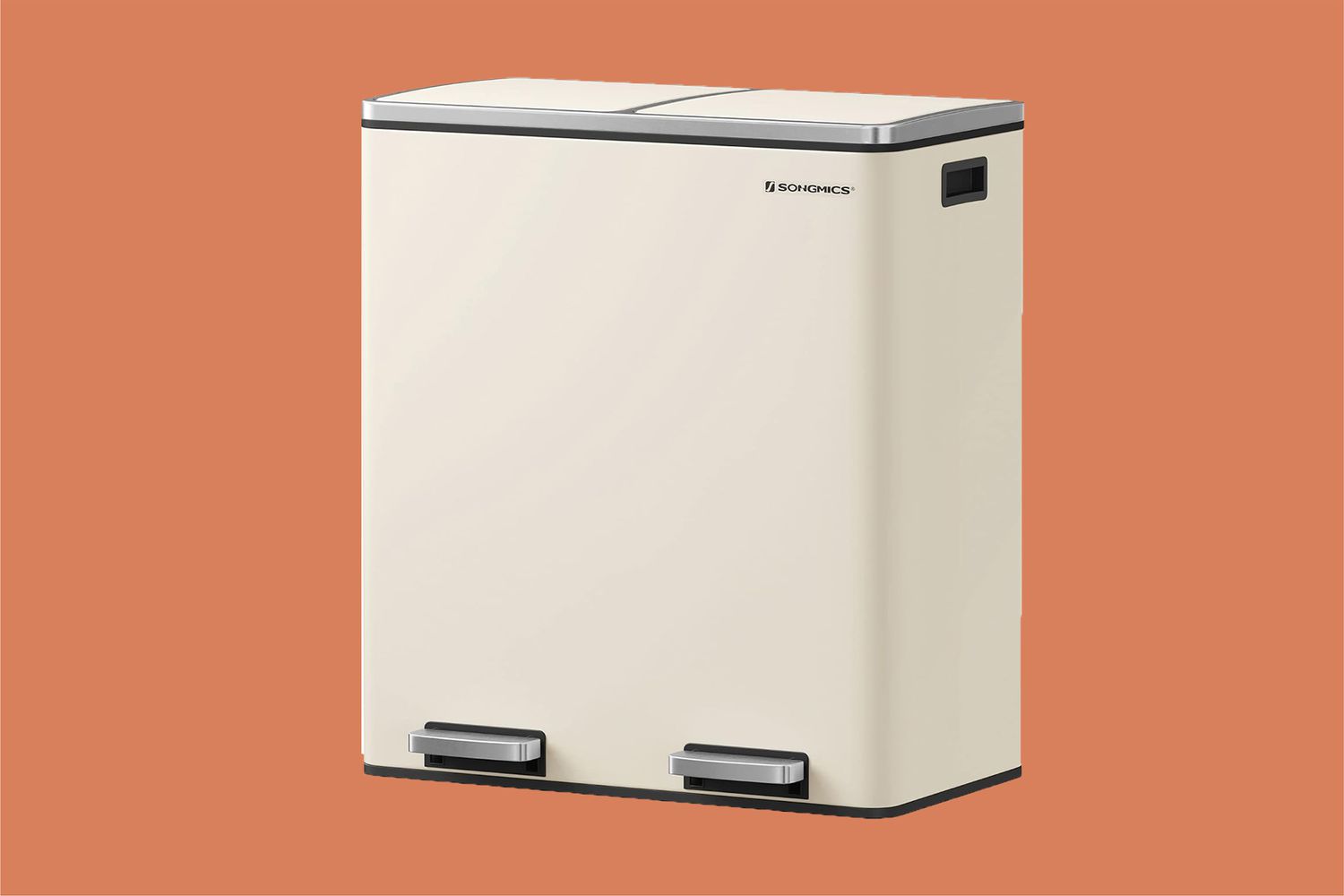 cream trash can on orange background