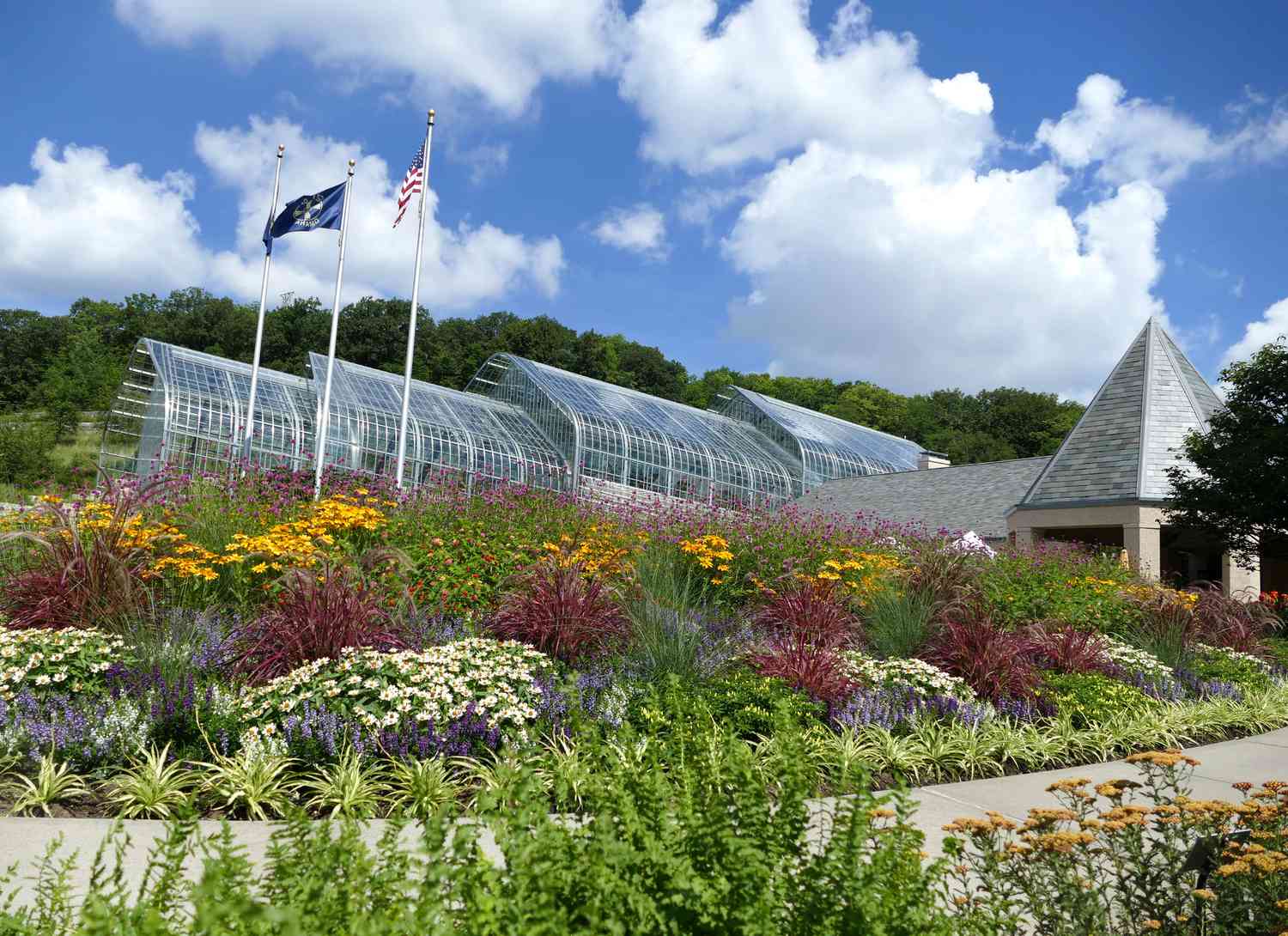 Lauritzen Gardens with flowers and a walking path