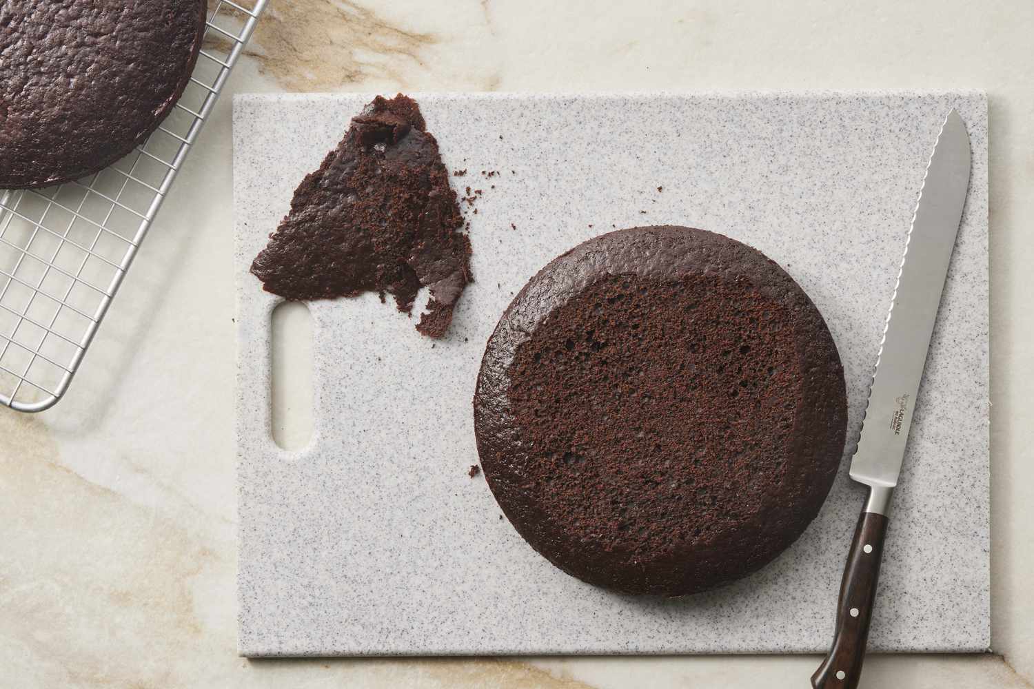 Chocolate cake trimmed with knife