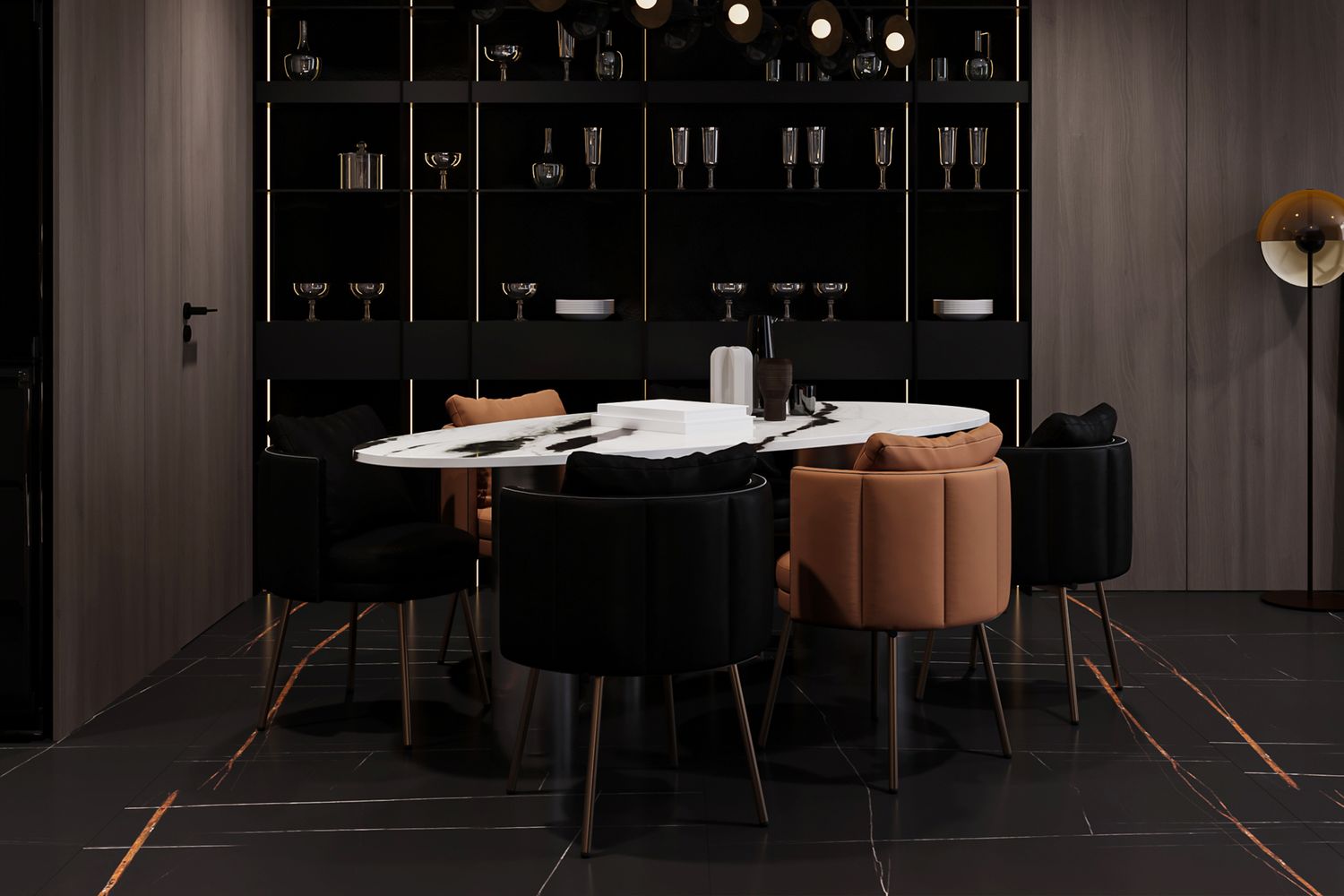A modern dining room with a round table surrounded by upholstered chairs and a shelving unit in the background