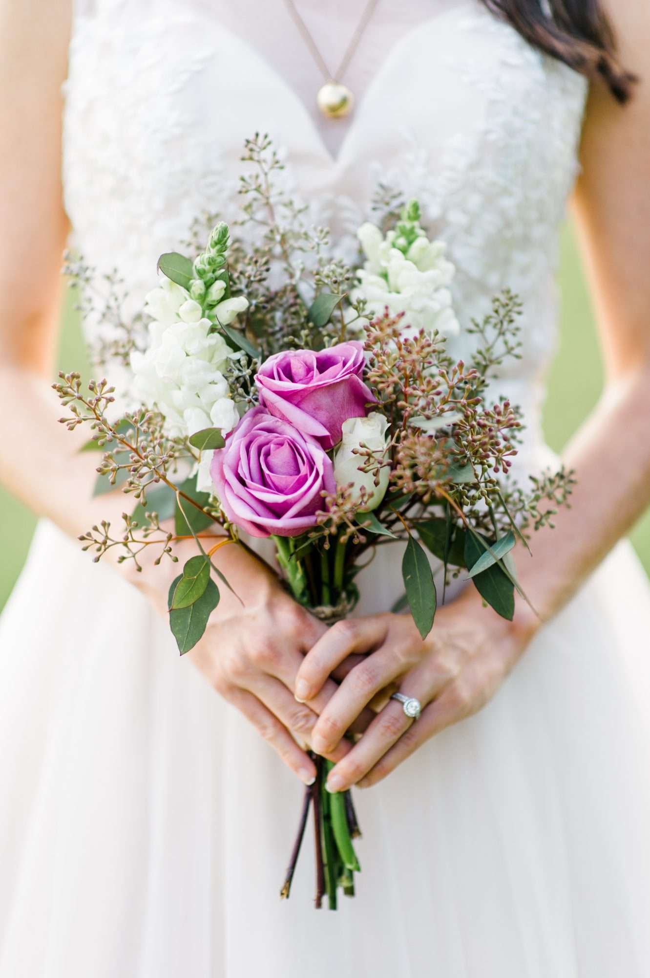 small bouquet with garden roses and seeded eucalyptus