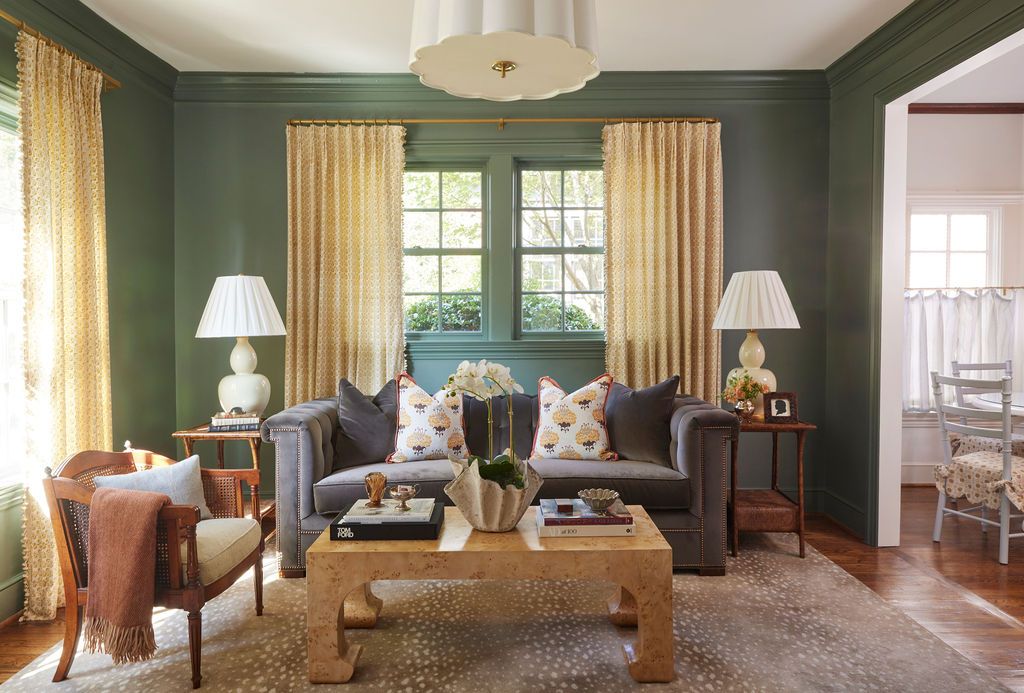 Yellow patterned curtains in a living room