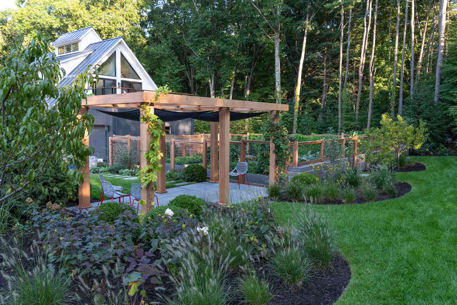 wooden pergola with black shade