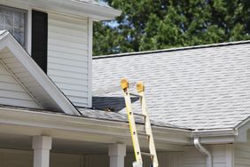 A ladder leaning against the roof of a house