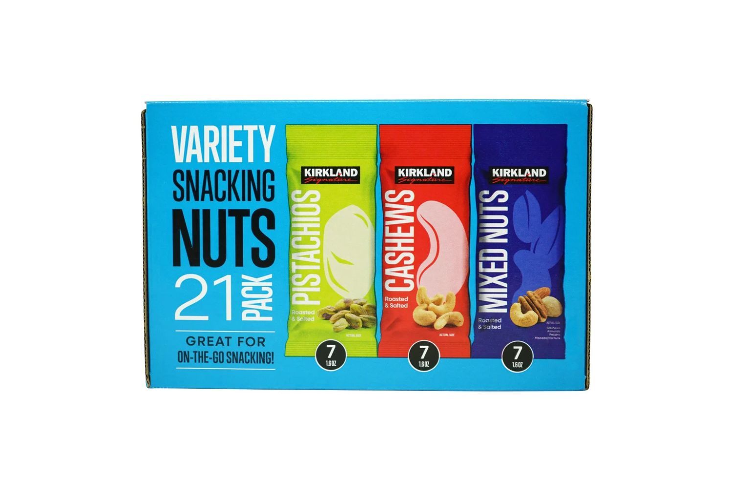 Box of Kirkland Variety Snacking Nuts with pistachios cashews and mixed nuts shown on the packaging