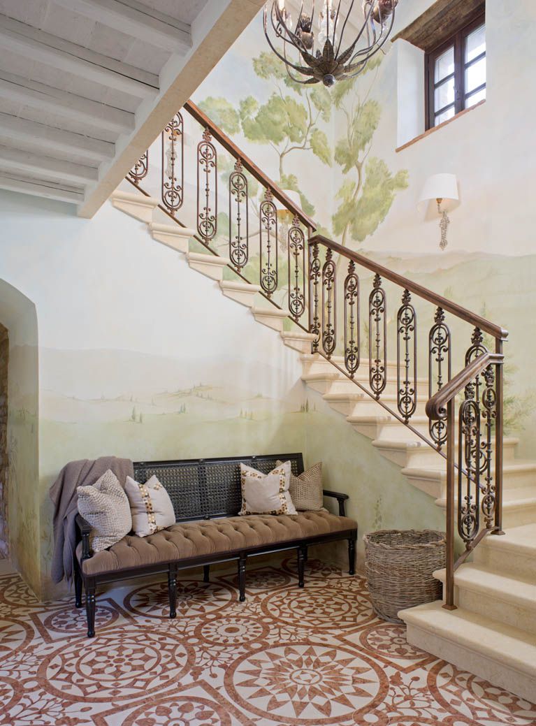 staircase with landscape mural