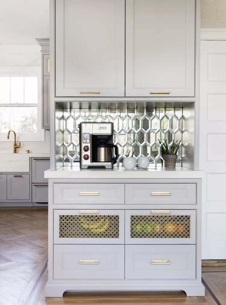 Silver backsplash coffee bar