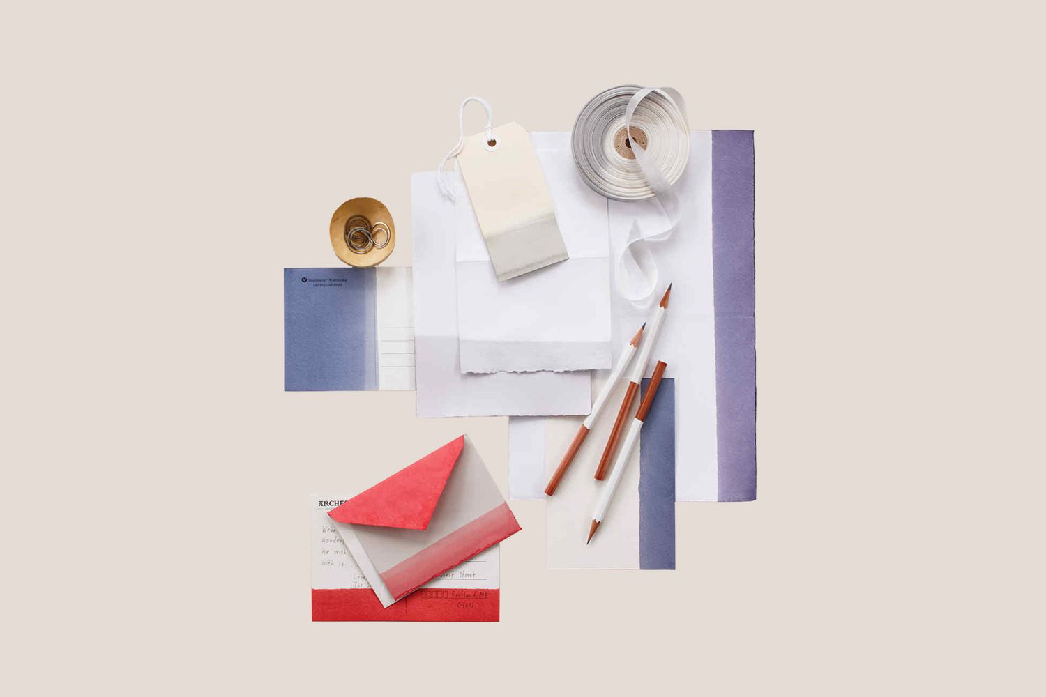 red, blue, and white stationary set