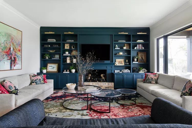 dark blue painted fireplace